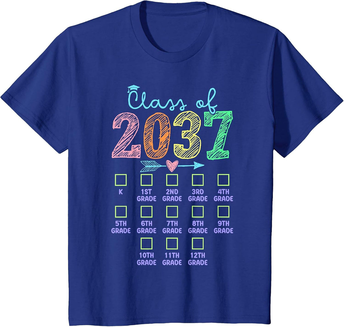 Class of 2037 Grow with Me Handprint Checklist K-12th Grade T-Shirt - Royal Blue