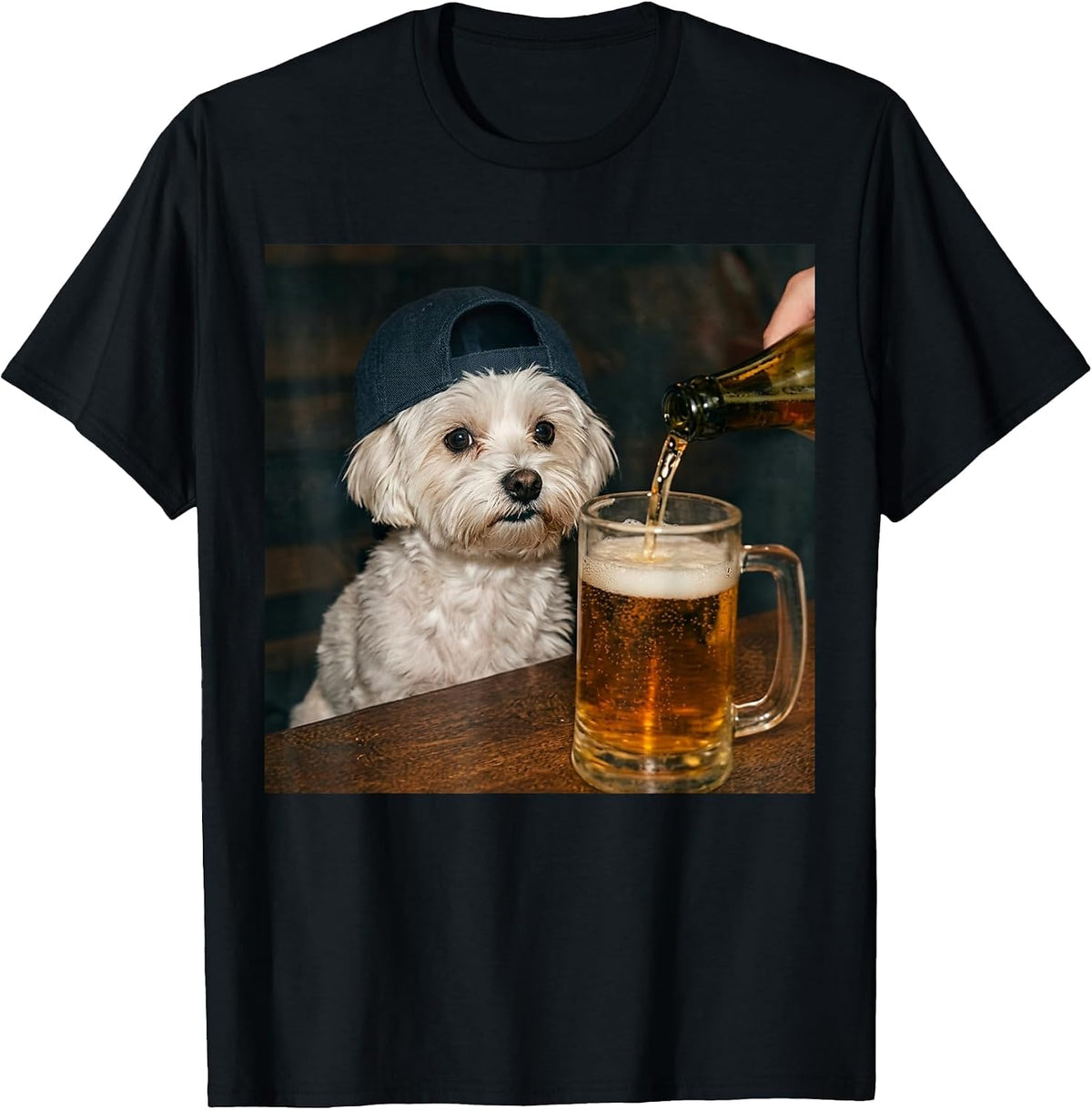Maltese Drinking Beer Funny Dog Meme T-Shirt - Black