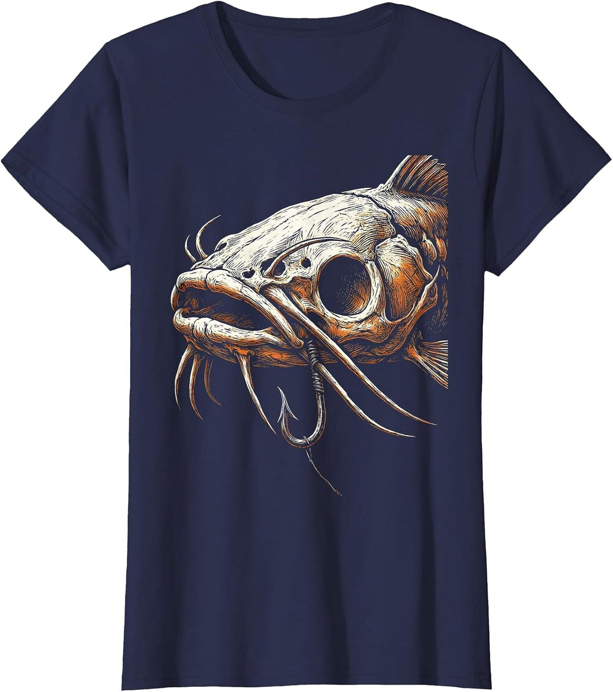 Women's Catfish Skull Hook Jaw Dark Fishing Graphic T-Shirt - Navy Blue