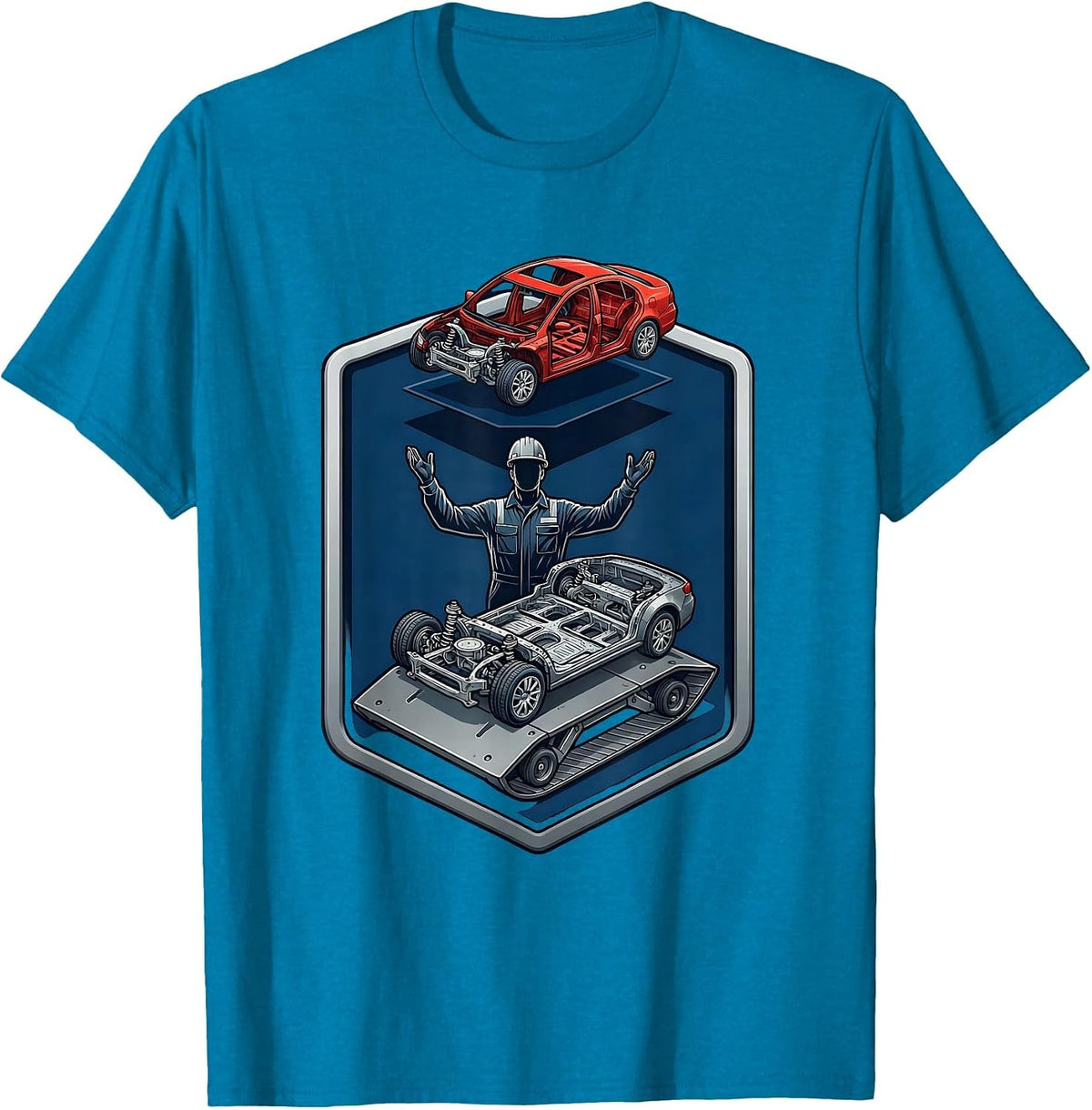 Pit Crew Mechanic Sliding Under Car Creeper T-Shirt - Sapphire Blue