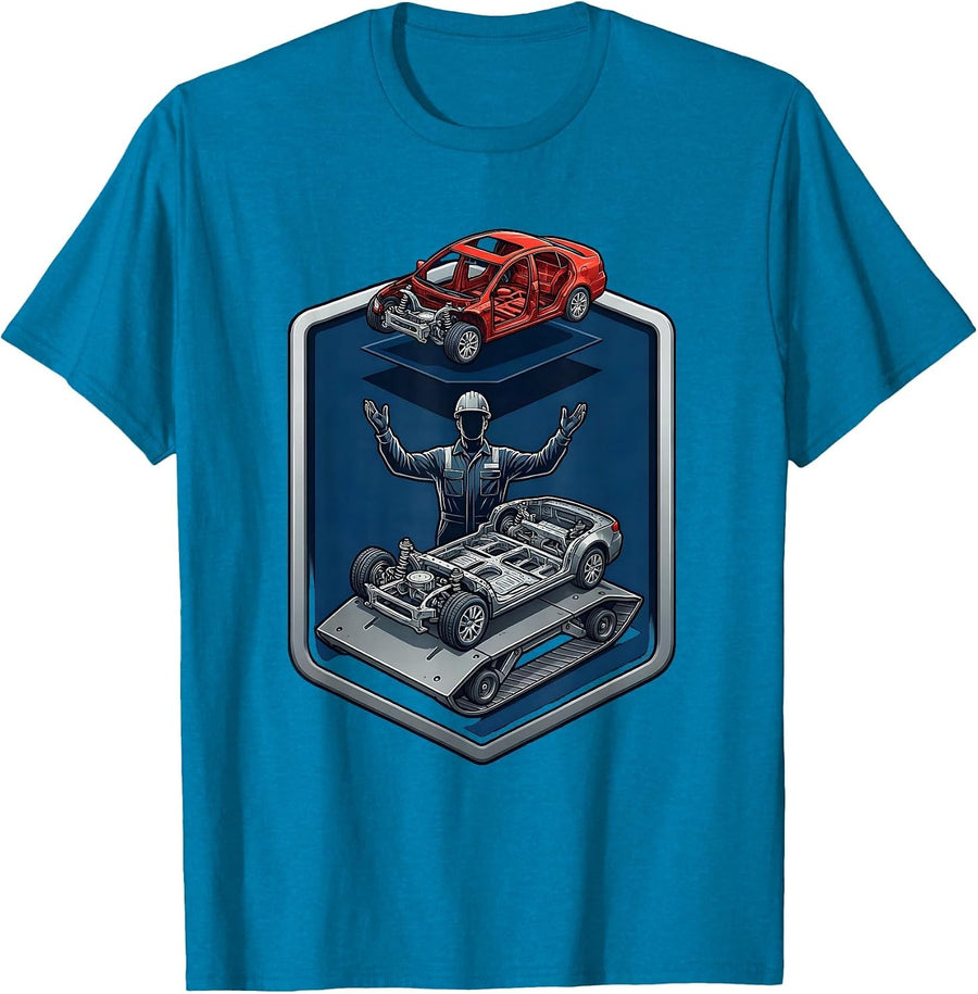 Pit Crew Mechanic Sliding Under Car Creeper T-Shirt - Sapphire Blue