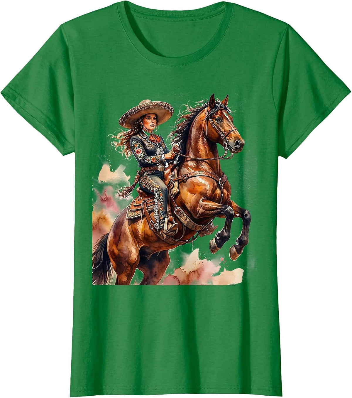 Charra Cowgirl Rearing Stallion Mexico Equestrian T-Shirt - Kelly Green
