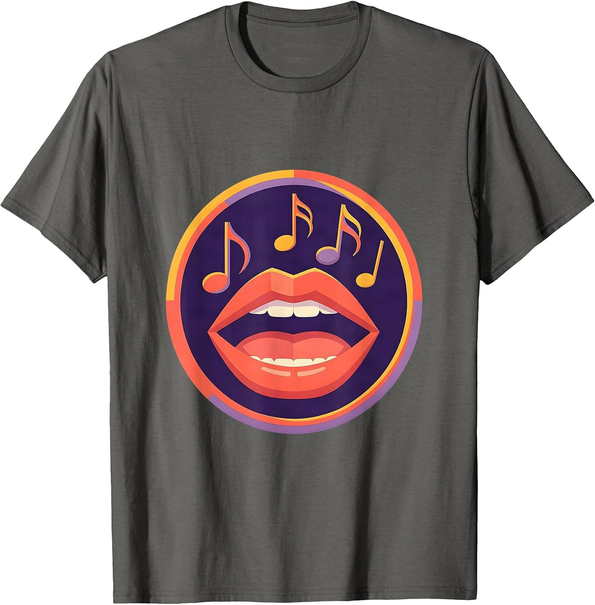 Musical Notes Open Mouth Singer Graphic Design T-Shirt - Asphalt Grey