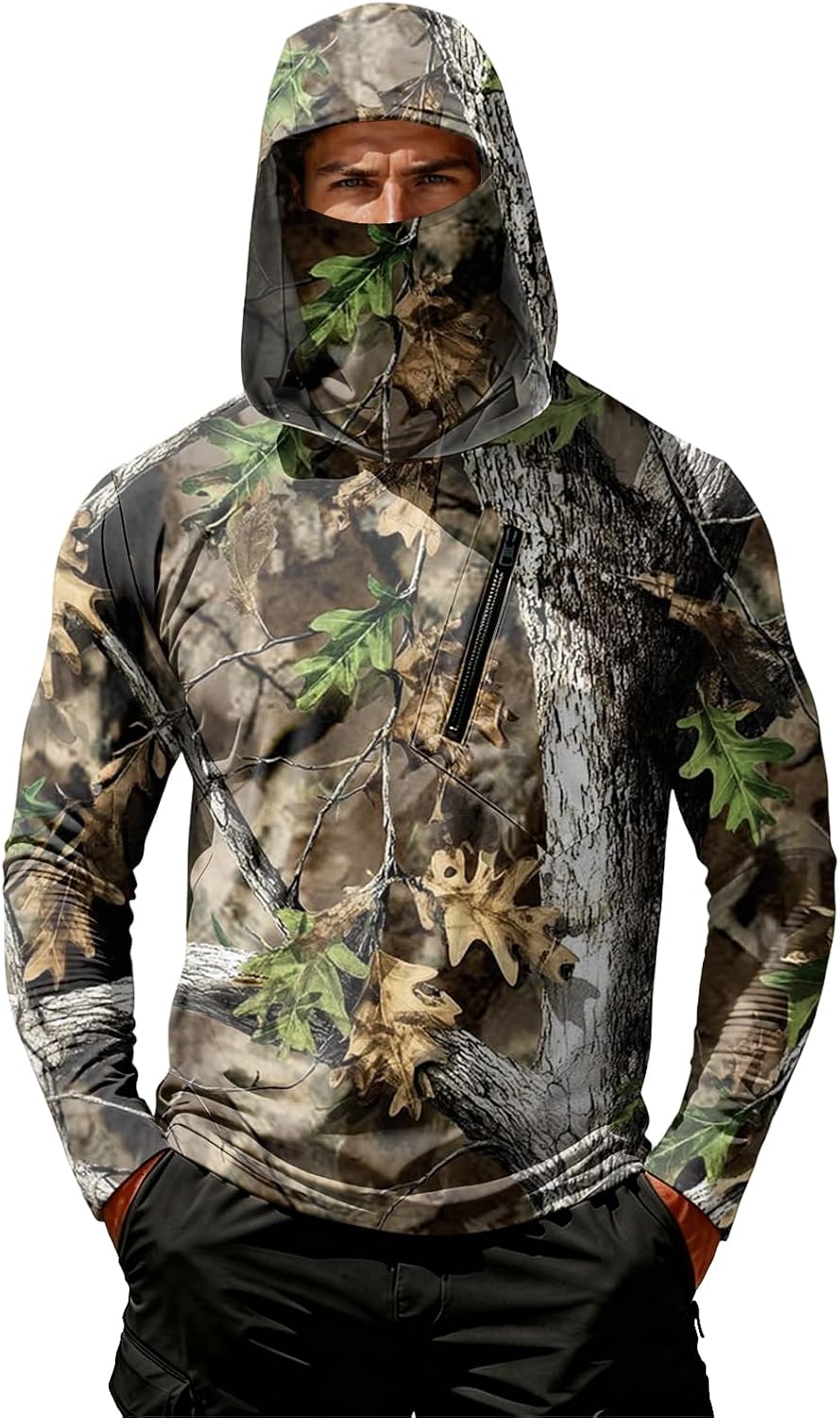 Camo Long Sleeve Shirt Men Sun Protection Hooded Fishing Shirts with Face Mask Lightweight Uv Upf 50 Hunting Shirt -