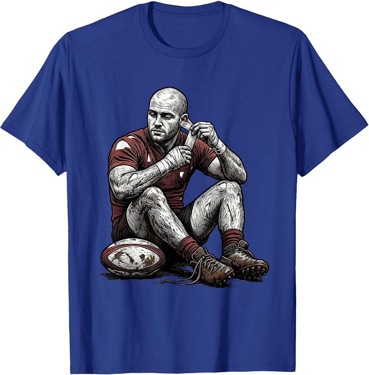 Men's Rugby Cauliflower Ear Woodcut Engraving Humor T-Shirt - Royal Blue