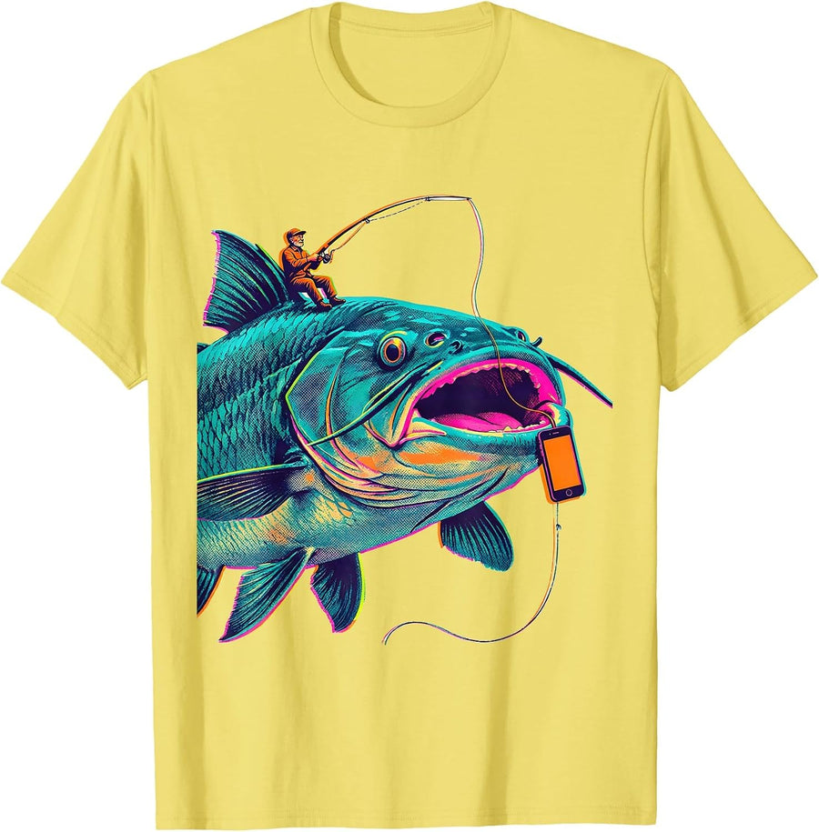 Men's Hooked Catfish Dad Funny Fishing Gift for Dads T-Shirt - Lemon Yellow