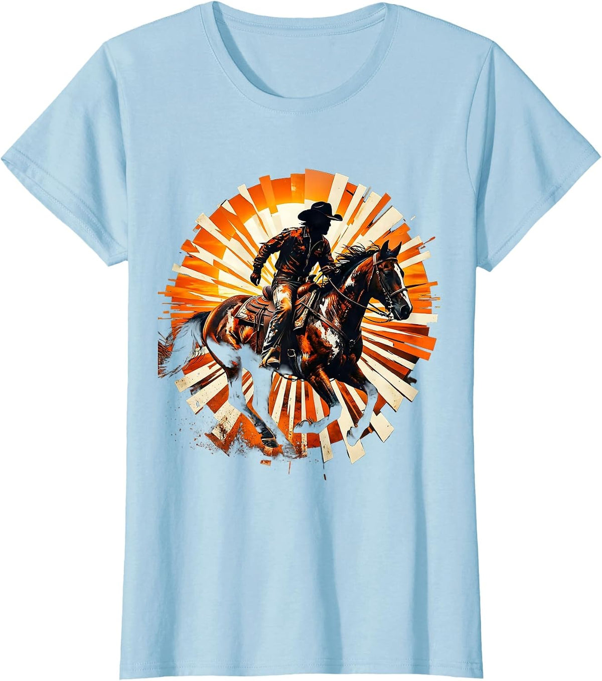 Women's Lone Cowboy Riding Horse at Sunset Graphic T-Shirt - Baby Blue