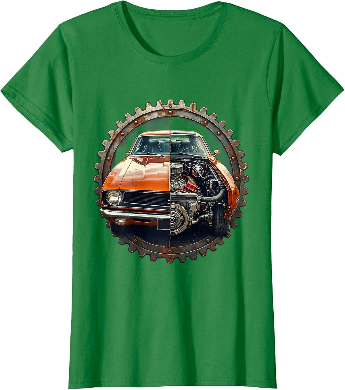 Classic Car Split Open Roaring Engine Illustration T-Shirt - Kelly Green