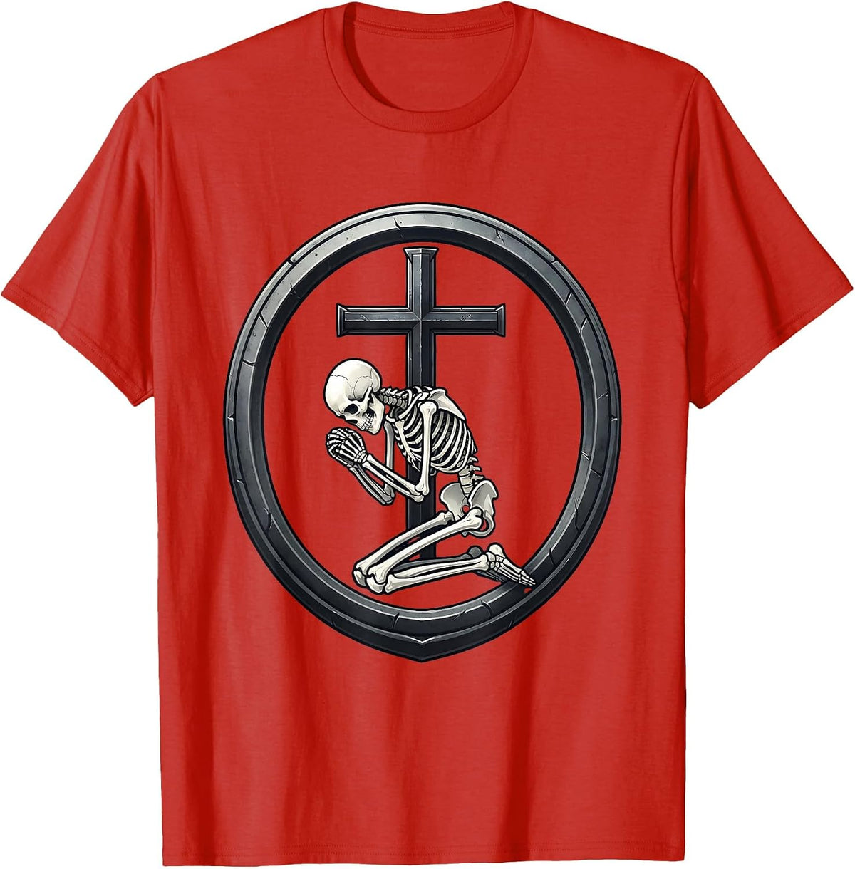 Men's Skeleton Kneeling Before Iron Cross Gothic Art T-Shirt - Red