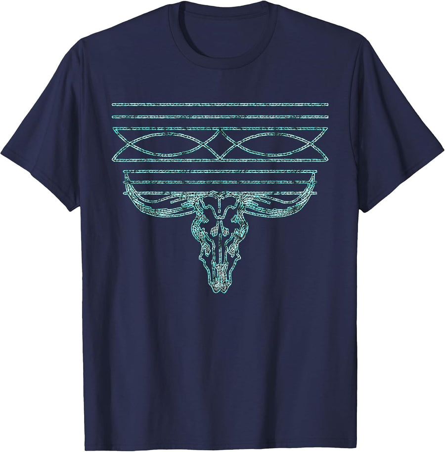 Retro Western Turquoise Boot Stitch Rodeo Cowgirl Womens T-Shirt - Navy Blue