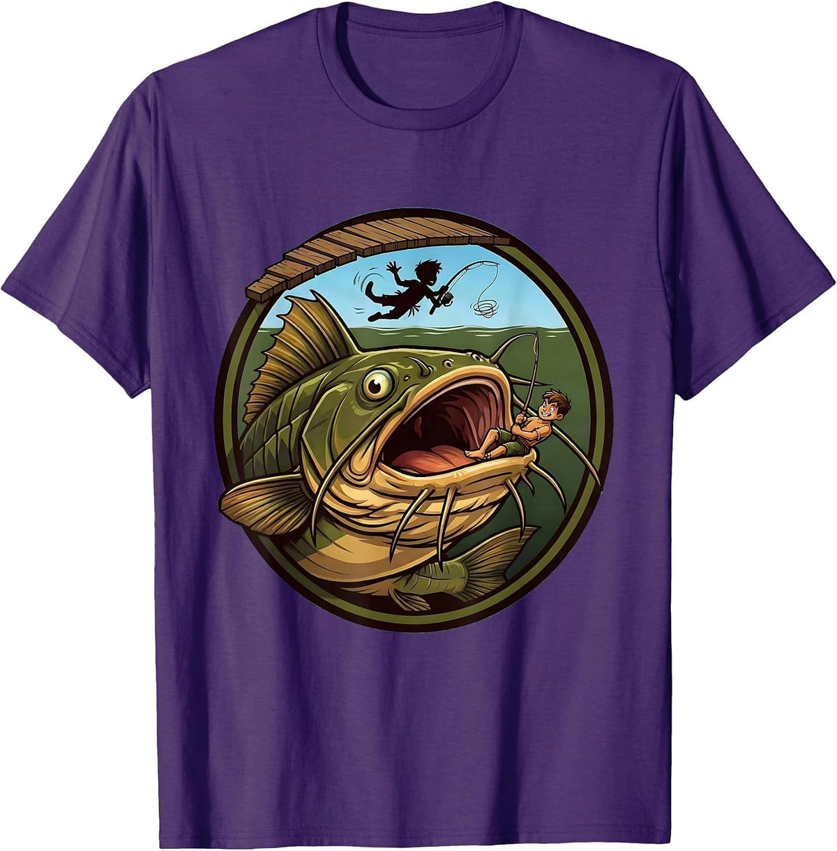 Giant Catfish Drags Kid Off Pier Fishing Graphic T-Shirt - Purple