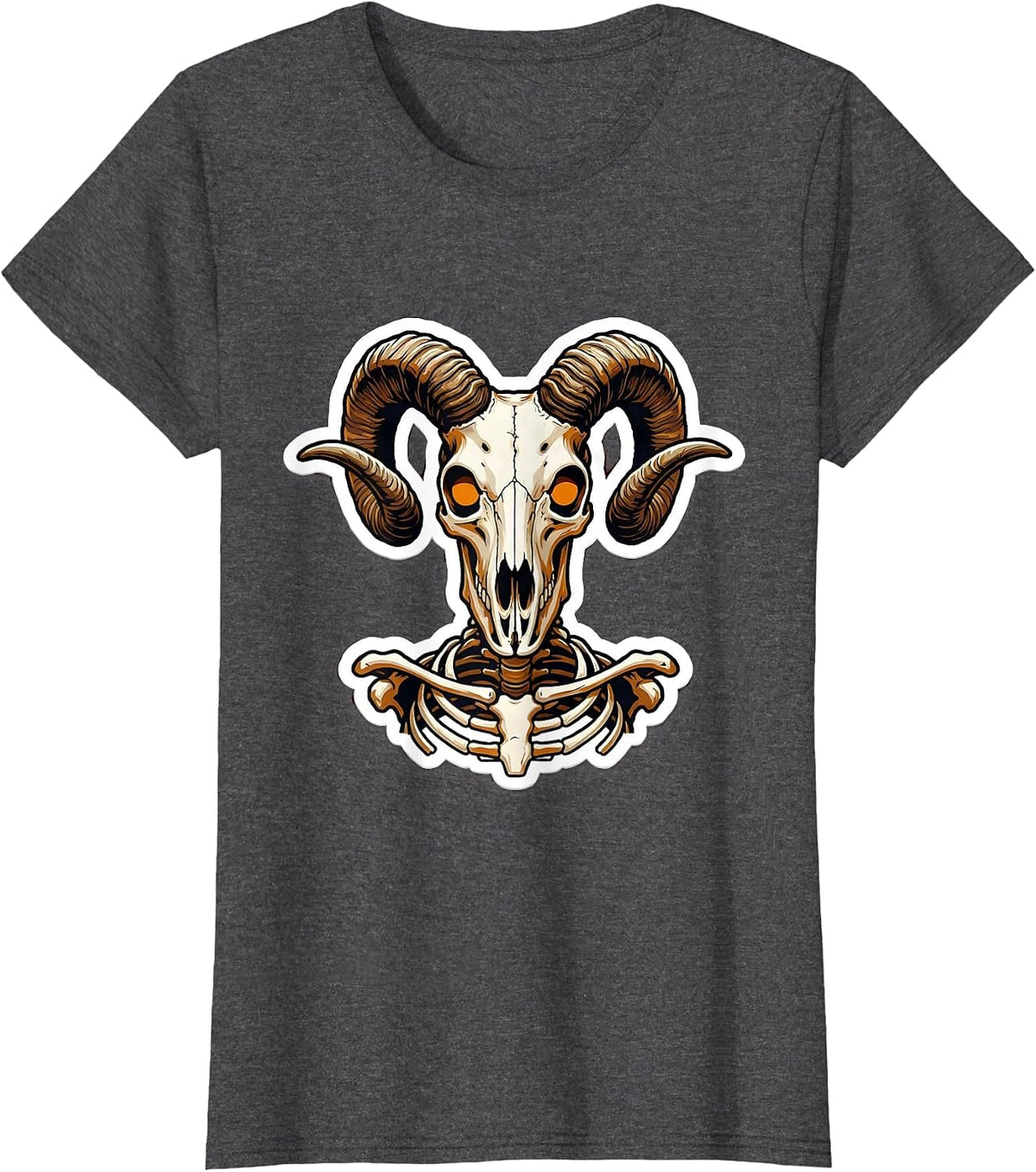 Women's Skeletal Goat Glowing Eyes Dark Art Design T-Shirt - Dark Heather Grey
