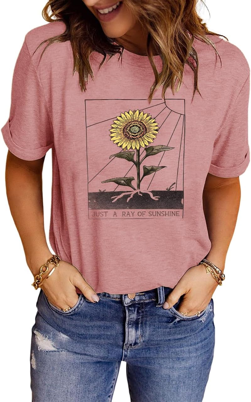 Womens Graphic Tee Shirts Trendy Casual Summer Loose Fit Short Sleeve Tshirts for Women - M-pink