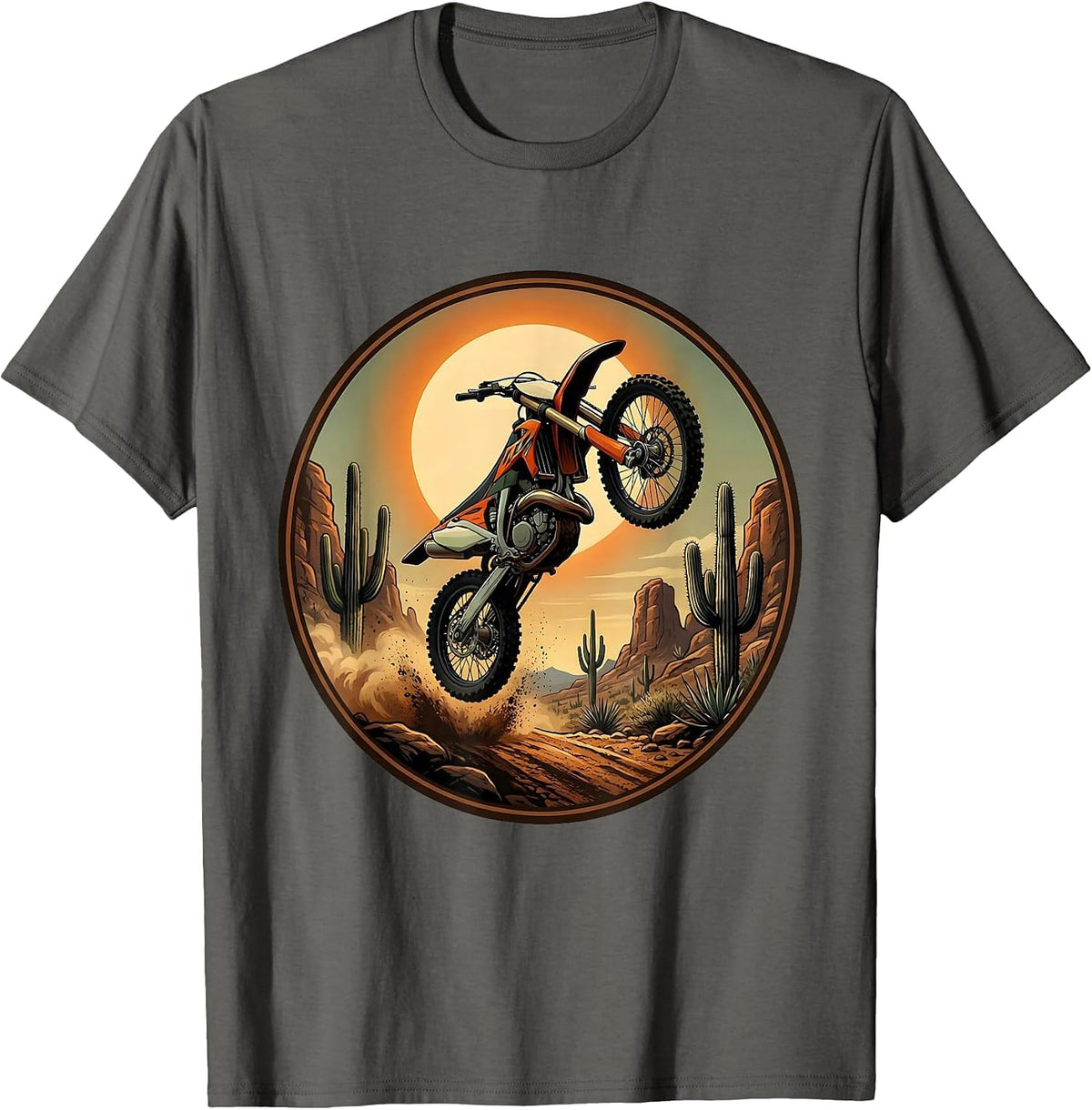 Dirt Bike Mid-Jump Over Desert Cacti Graphic T-Shirt - Asphalt Grey