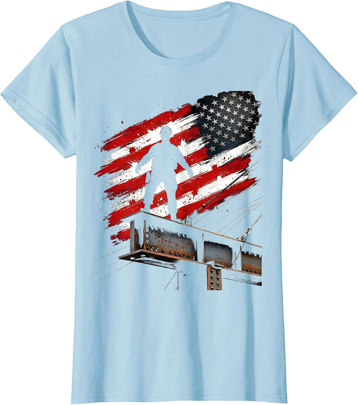 Women's Steelworker Silhouette on Bridge Beam American T-Shirt - Baby Blue