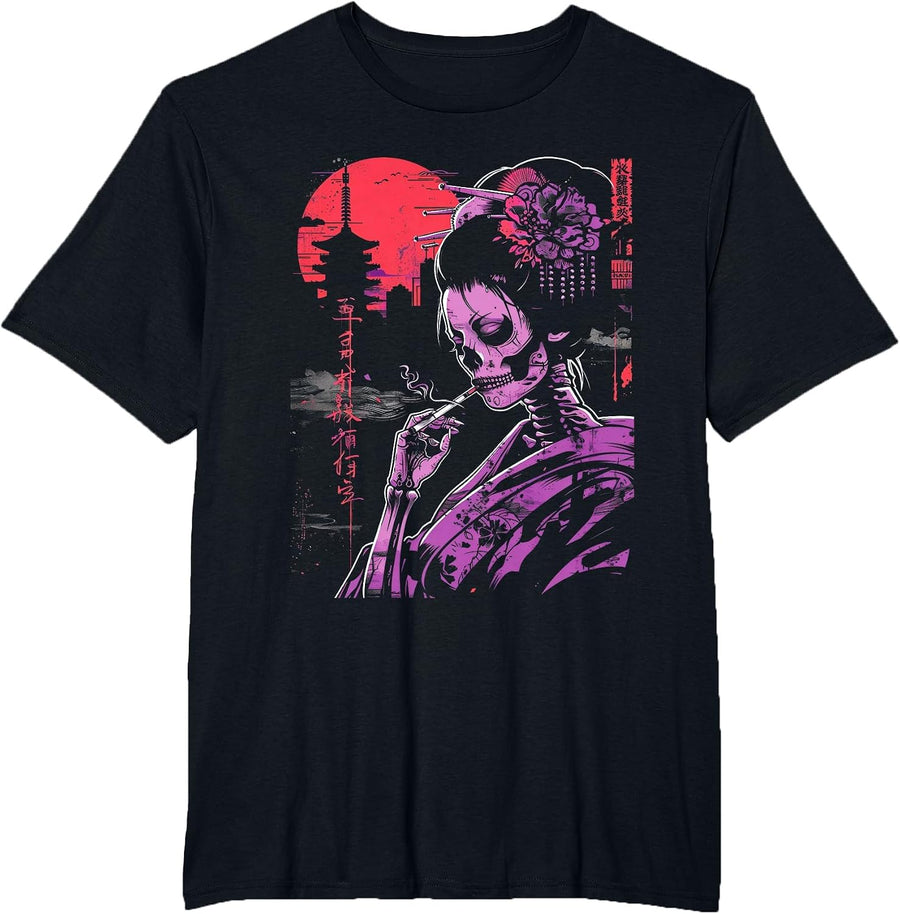 Anime Japanese Goth Cyberpunk City Skull Kanji Gothic T-Shirt - Black