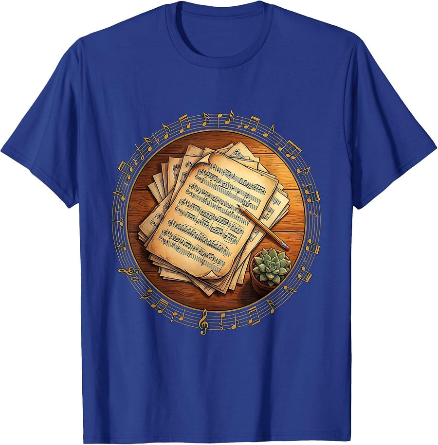 Music Teacher Desk Scattered Sheet Music Graphic T-Shirt - Royal Blue