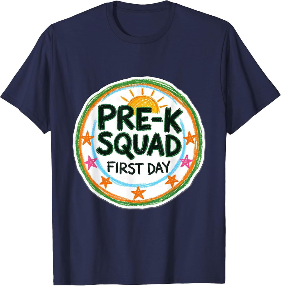 Pre-K Squad First Day Naive Kidcore Teacher Student Gift T-Shirt - Navy Blue
