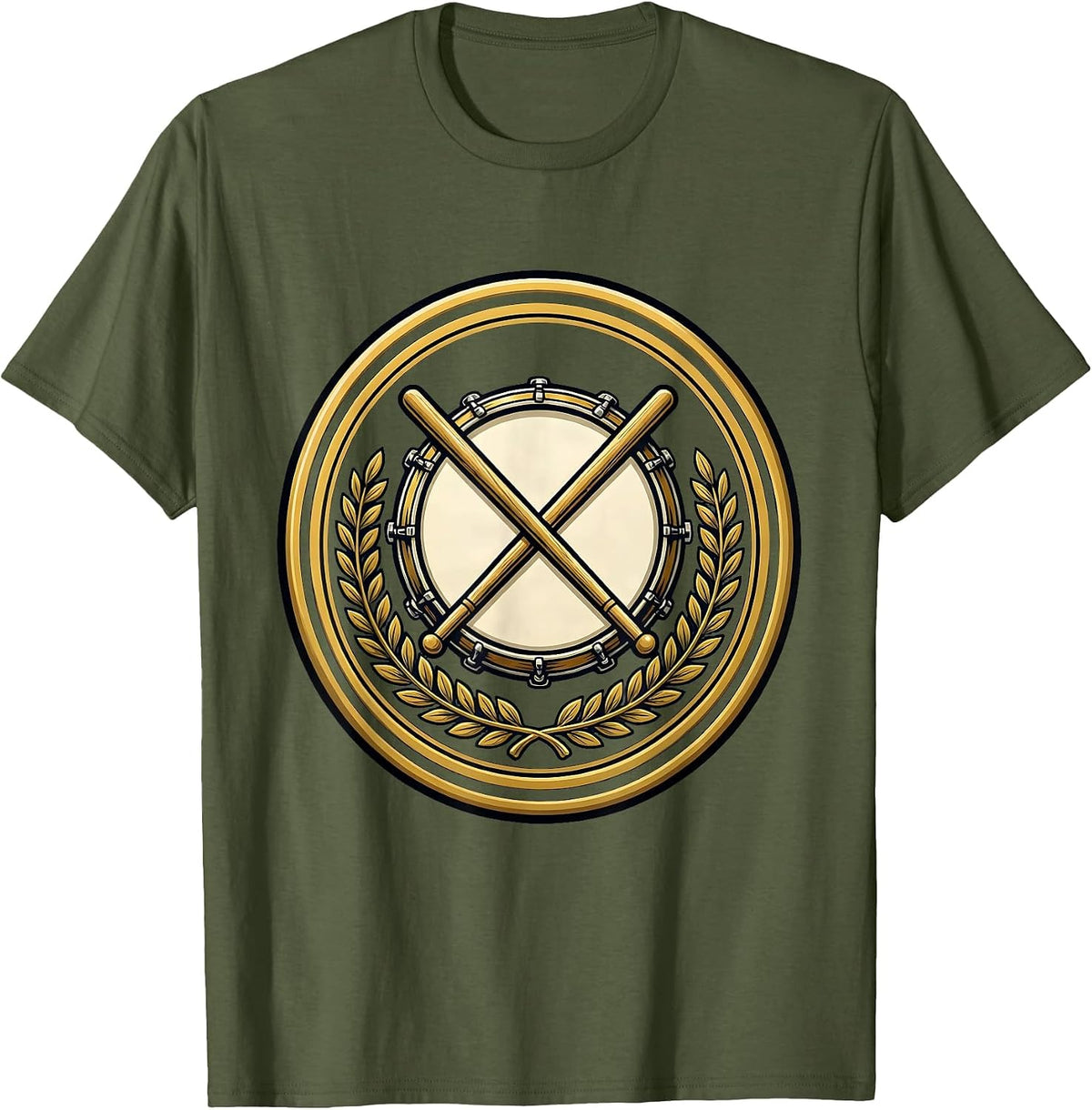 Crossed Drumsticks Snare Drum Band Illustration T-Shirt - Olive Green