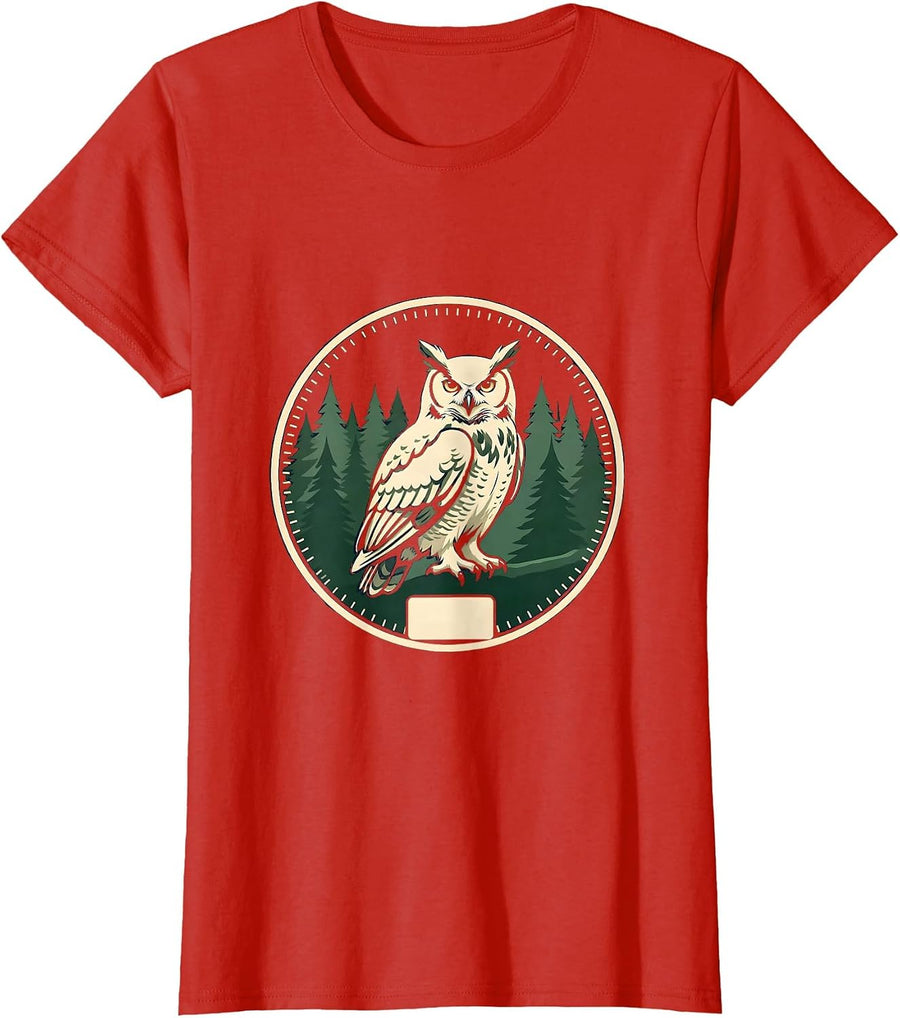 Women's Great Horned Owl Nature Badge Forest Lover Wildlife T-Shirt - Red
