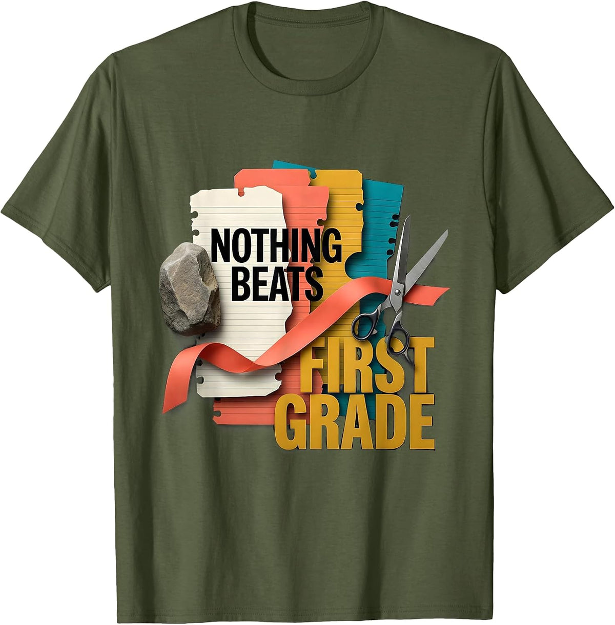 Men's Nothing Beats First Grade Back to School Rock Paper Scissors T-Shirt - Olive Green