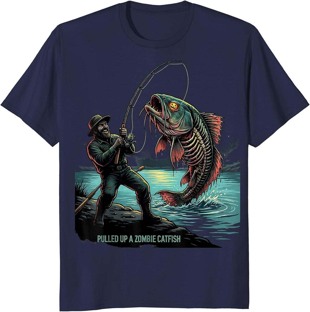 Pulled Up A Zombie Catfish Funny Halloween Fishing Spooky T-Shirt - Navy Blue