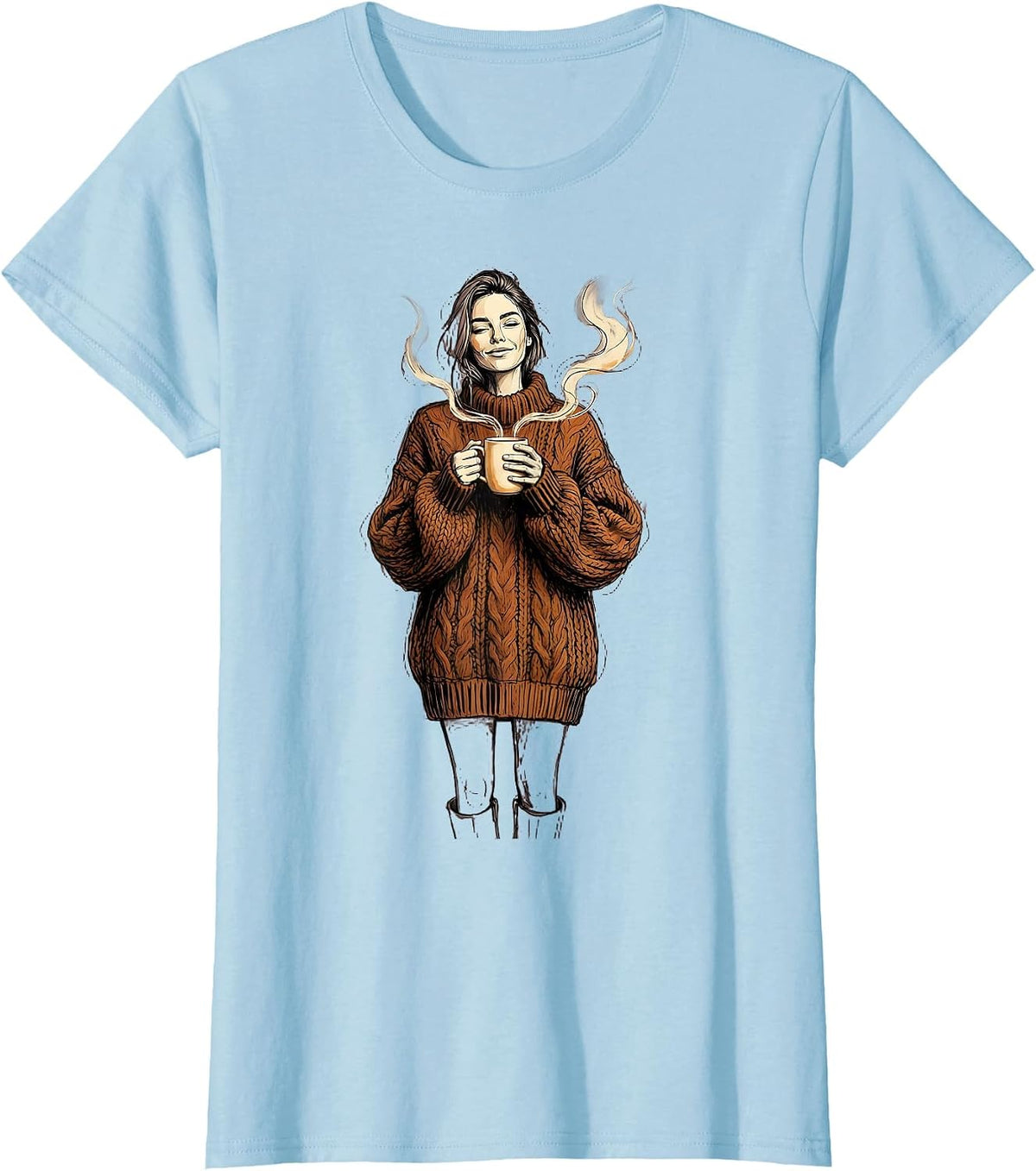 Cozy Fall Knit Sweater Steaming Mug Illustration T-Shirt - Baby Blue