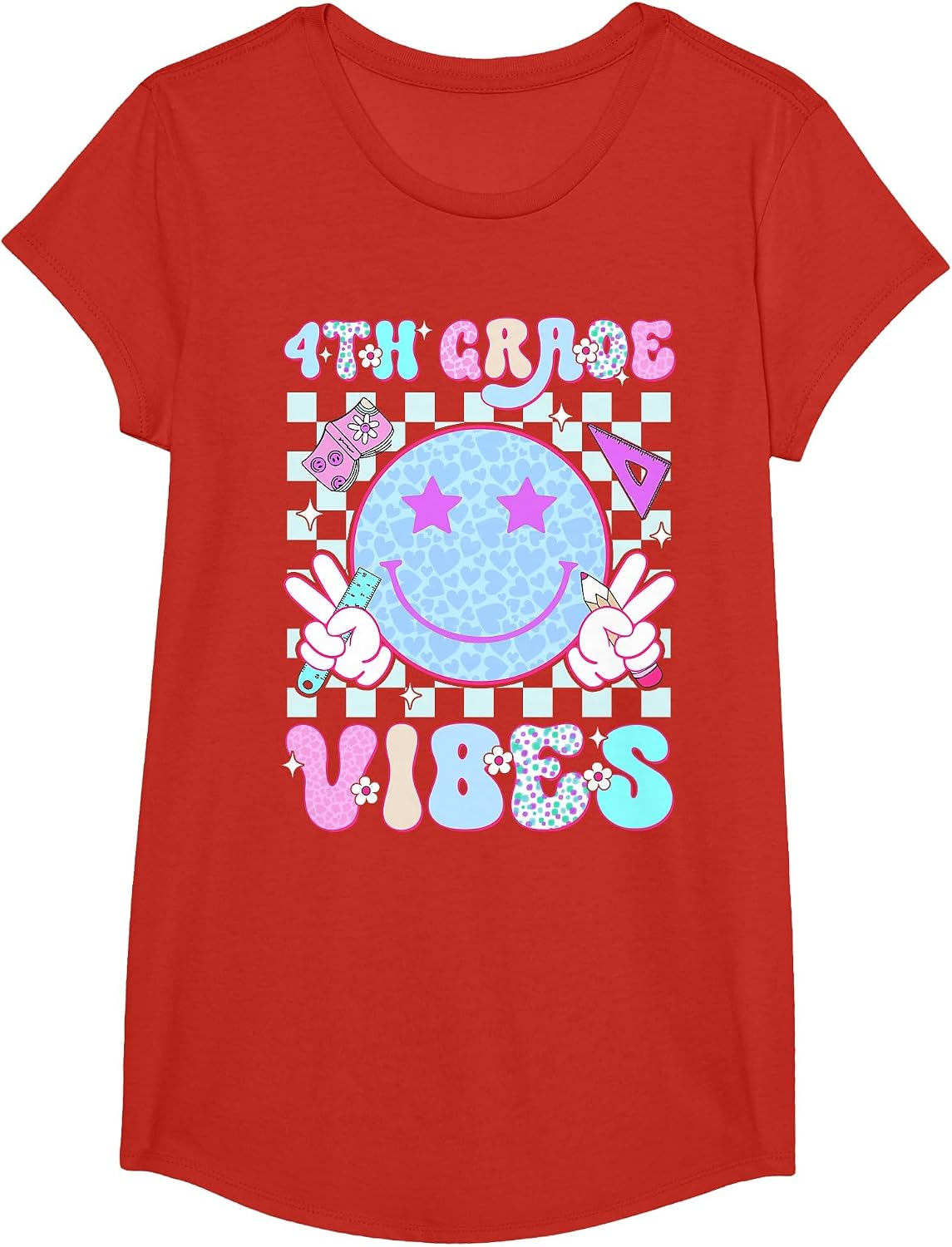 4th Fourth Grade Vibes Smile Face Back to School Teacher T-Shirt - Girls Red