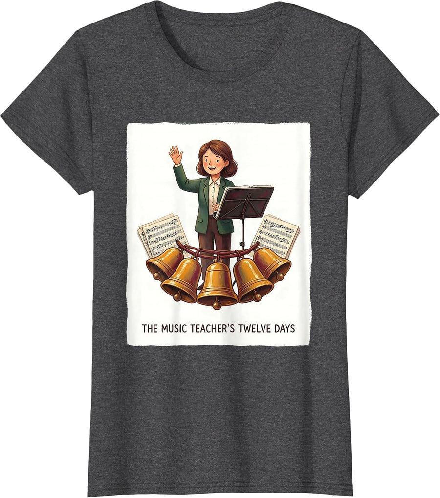 Women's The Music Teacher's Twelve Days Whimsical Christmas Carol T-Shirt - Dark Heather Grey