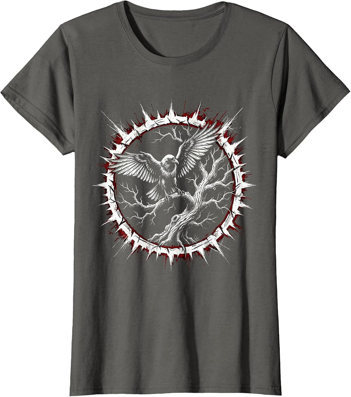 Women's Emo Raven on Twisted Bare Tree Illustration T-Shirt - Asphalt Grey