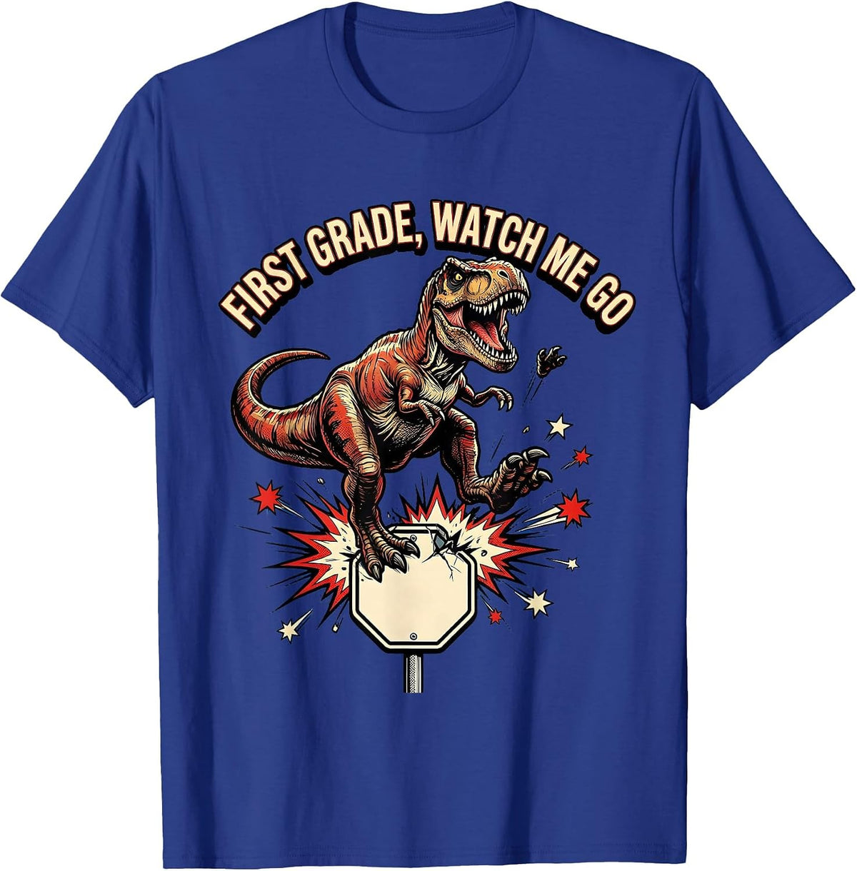 Men's First Grade Watch Me Go Comic Book Dinosaur Boy Back T-Shirt - Royal Blue
