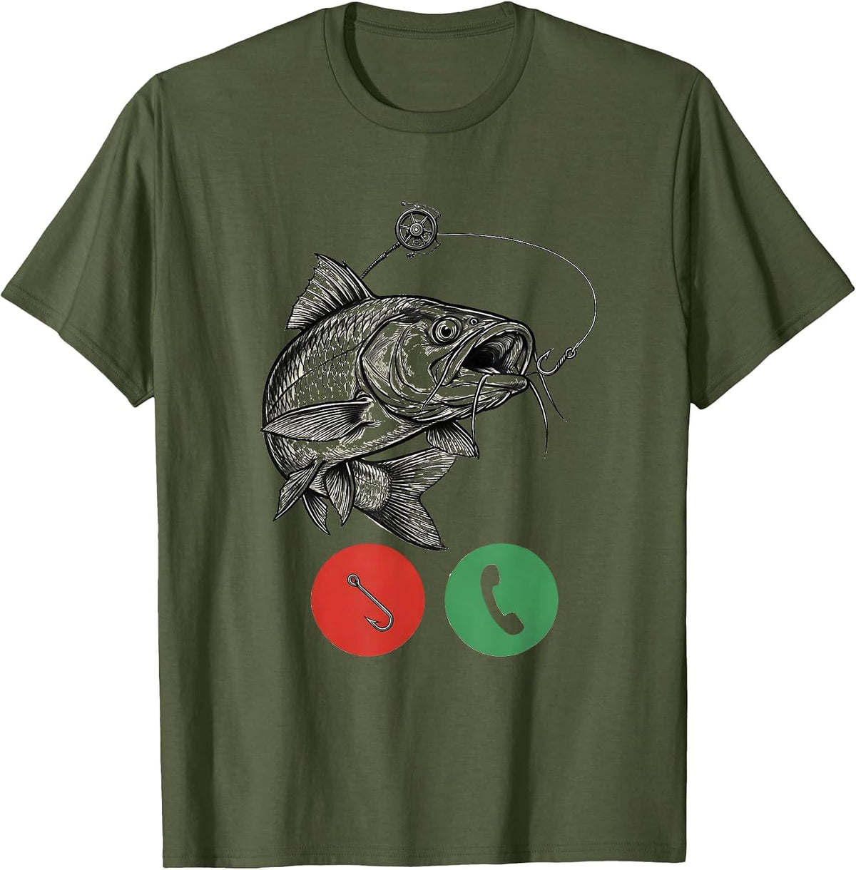 Catfish Hook Phone Call Funny Fishing Dad Gift T-Shirt - Olive Green
