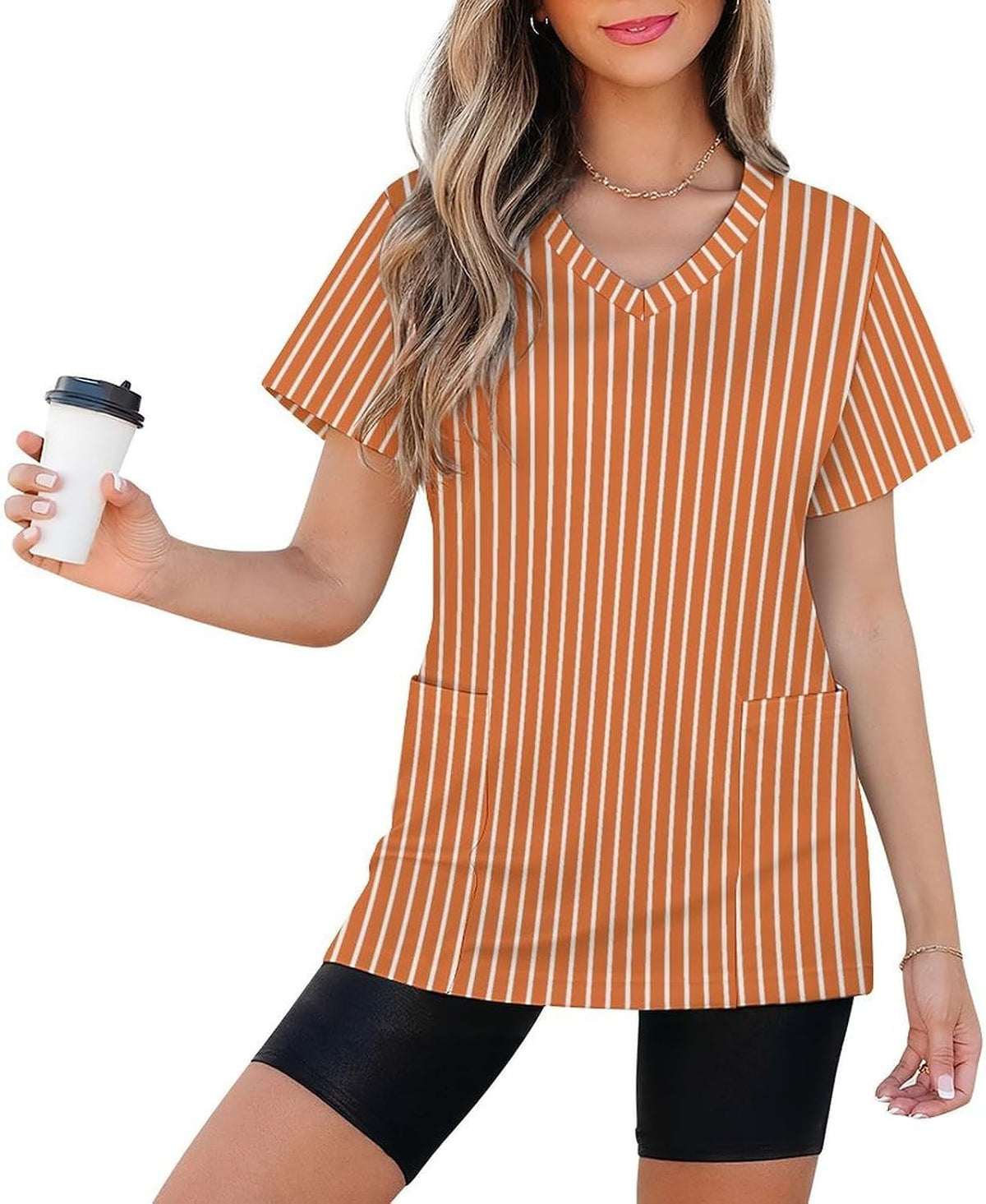 Womens Scrubs V Neck Cozy Fit Nurse Medical Shirts with 2 Pockets - White Orange Strip a