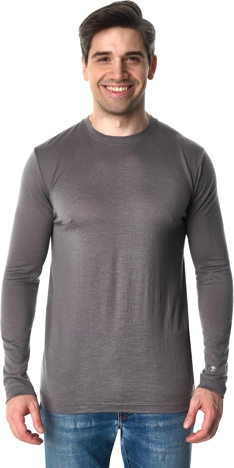 100% Merino Wool Shirts for Men - Thermal Shirt Underscrub Long Sleeve - 190 Perfect Grey