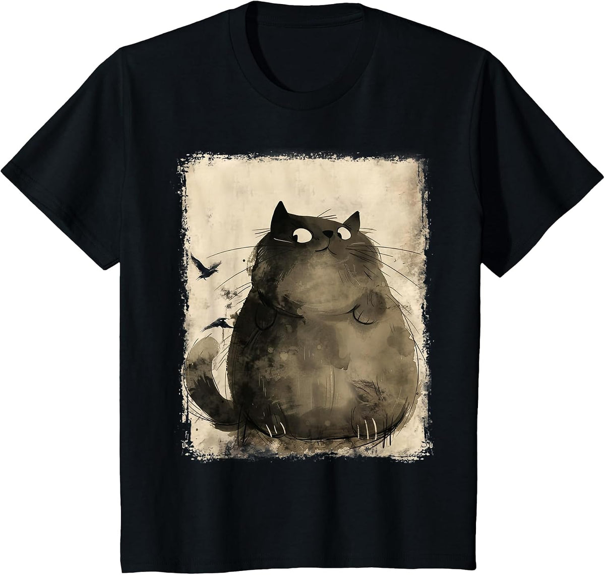 Funny Japanese Fat Black Cat Art Anime Vintage Black Cat T-Shirt - Black