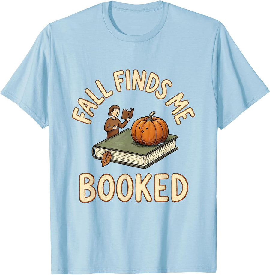 Men's Fall Finds Me Booked Storybook Teacher Pumpkin Reading Cozy T-Shirt - Baby Blue