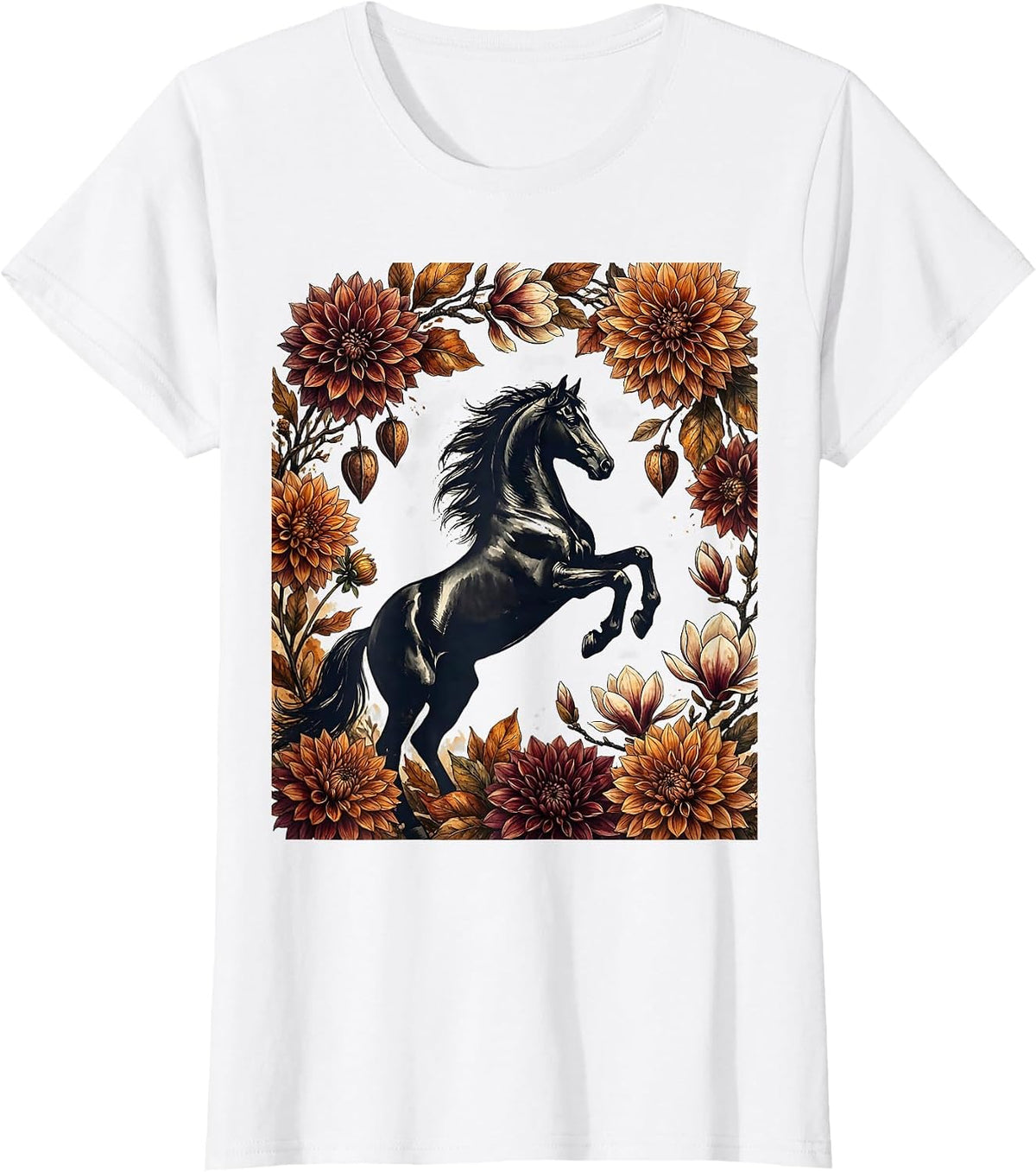 Rearing Stallion Autumn Floral Arch Derby Design T-Shirt - White