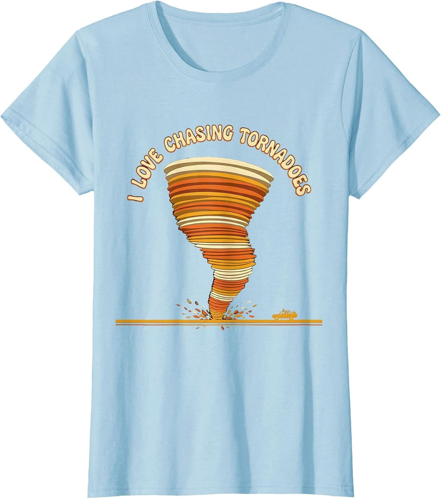 Women's I Love Chasing Tornadoes Retro 70s Storm Chaser Meteorology T-Shirt - Baby Blue