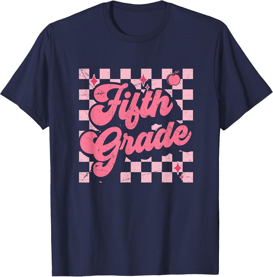 Fifth Grade Pink Checkered Retro 5th Grade Teacher Girl Kids T-Shirt - Navy Blue