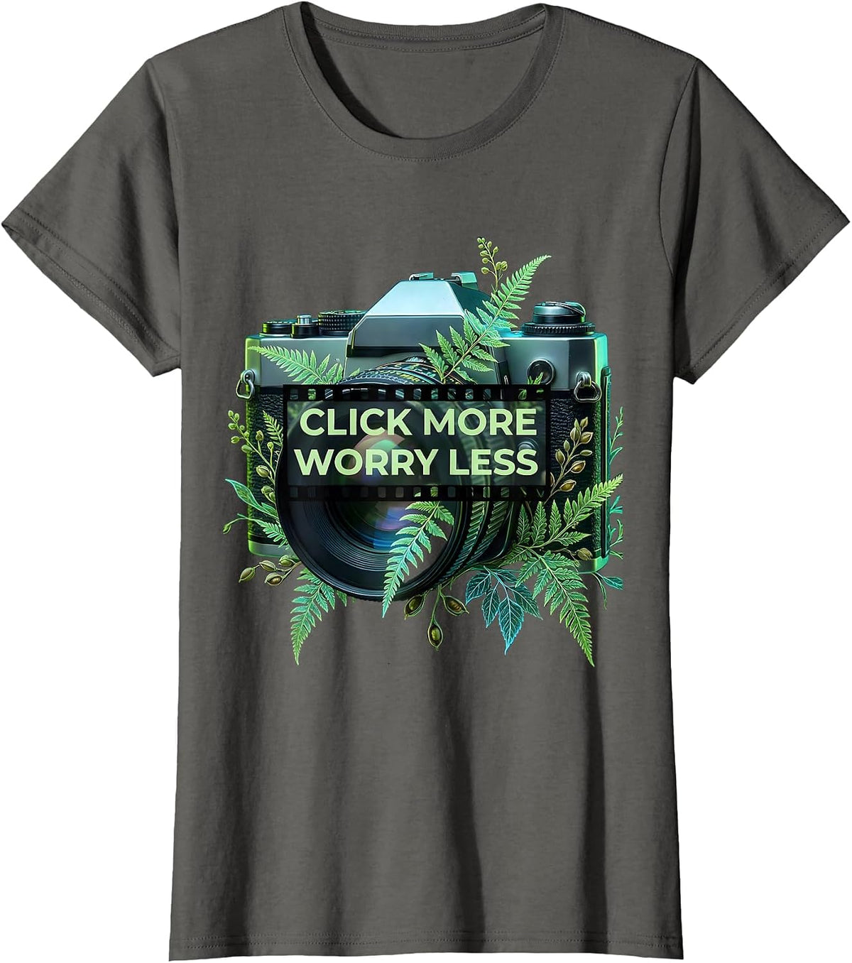 Women's Click More Worry Less Photography Design T-Shirt - Asphalt Grey