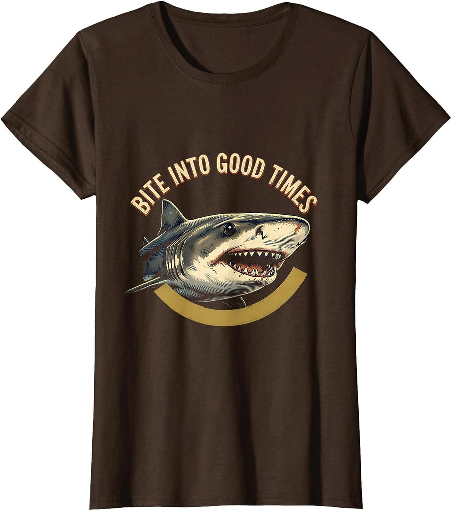 Women's Bite Into Good Times Vintage Shark Lover Ocean Wildlife T-Shirt - Brown