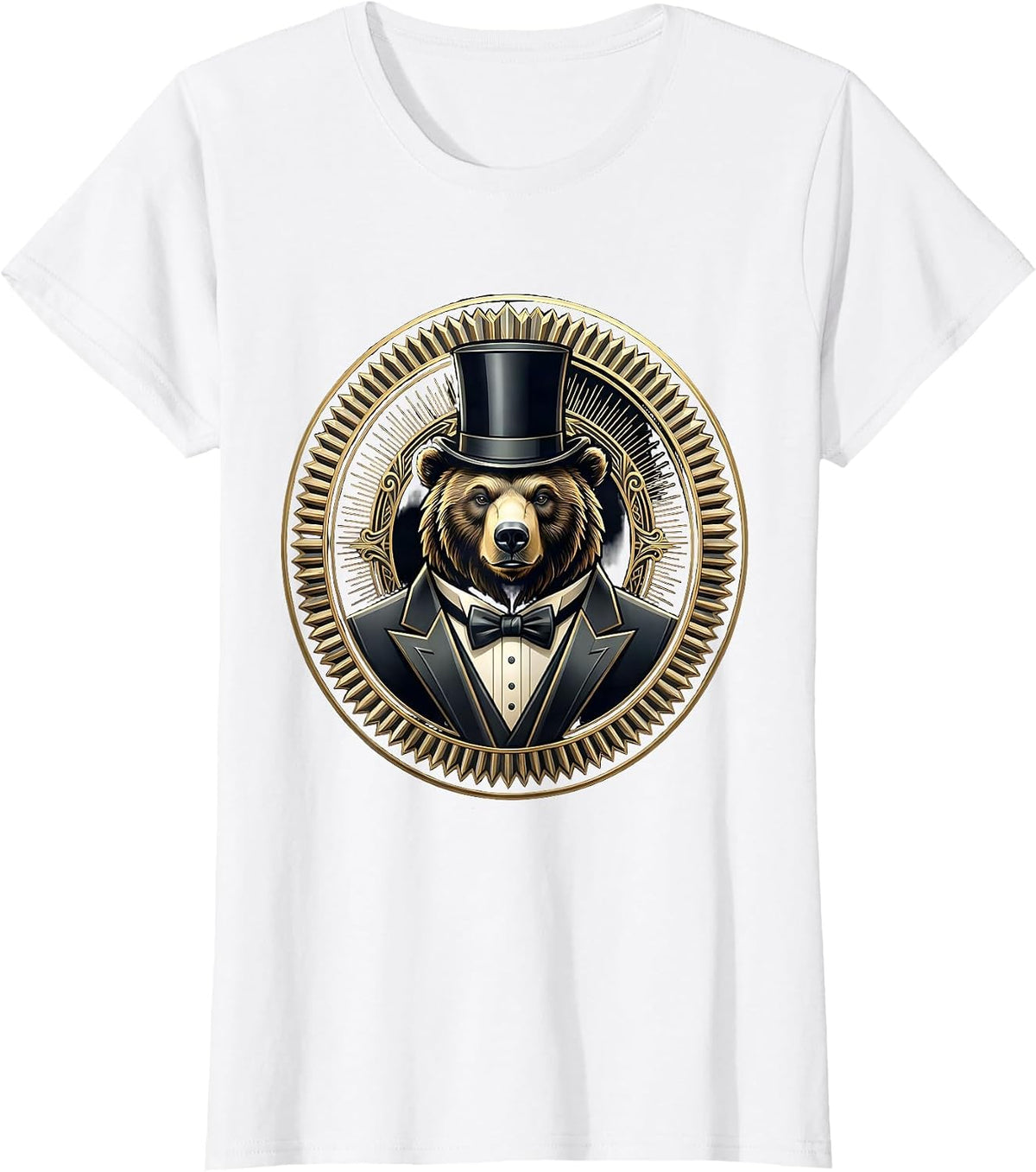 Dapper Bear in Tuxedo and Top Hat Illustration T-Shirt - White