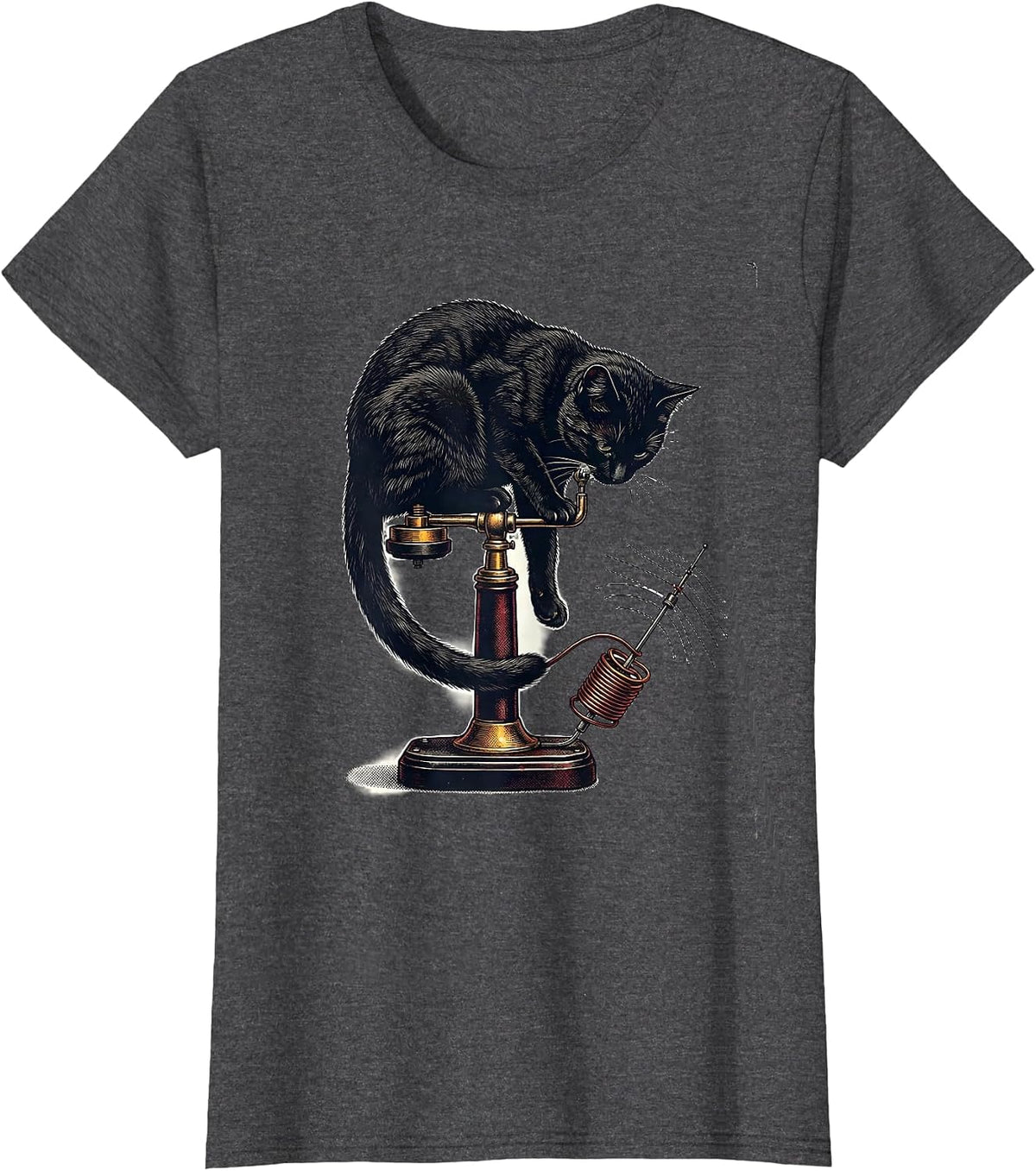 Women's Curled Cat on Telegraph Key Vintage Ham Radio Humor T-Shirt - Dark Heather Grey