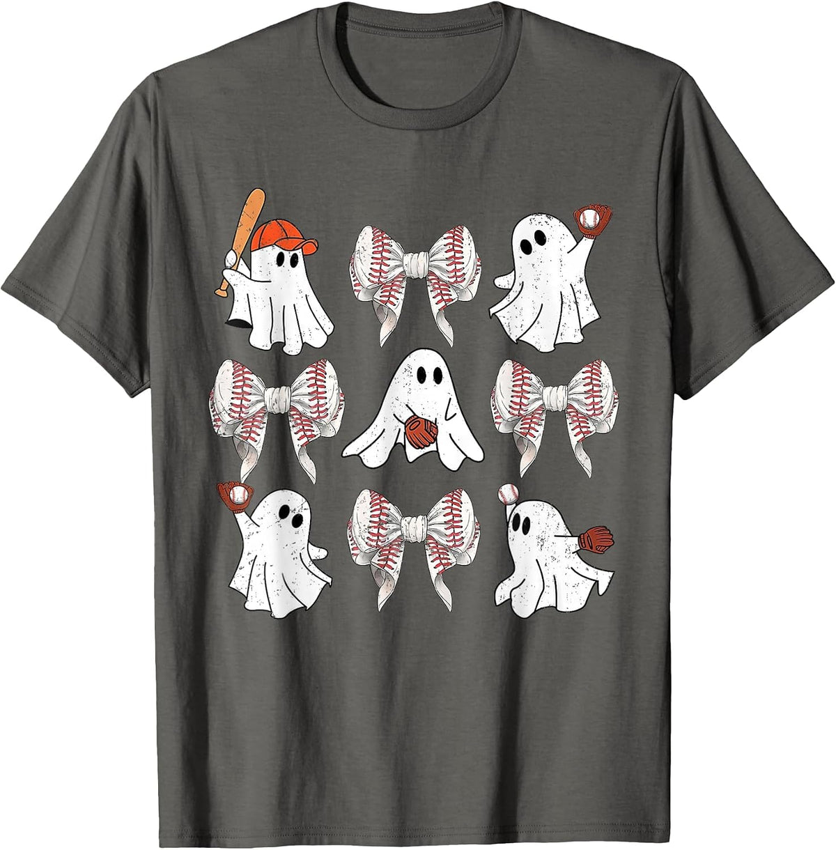 Baseball Player Halloween Bow Coquette Ghost Halloween Tee T-Shirt - Asphalt Grey