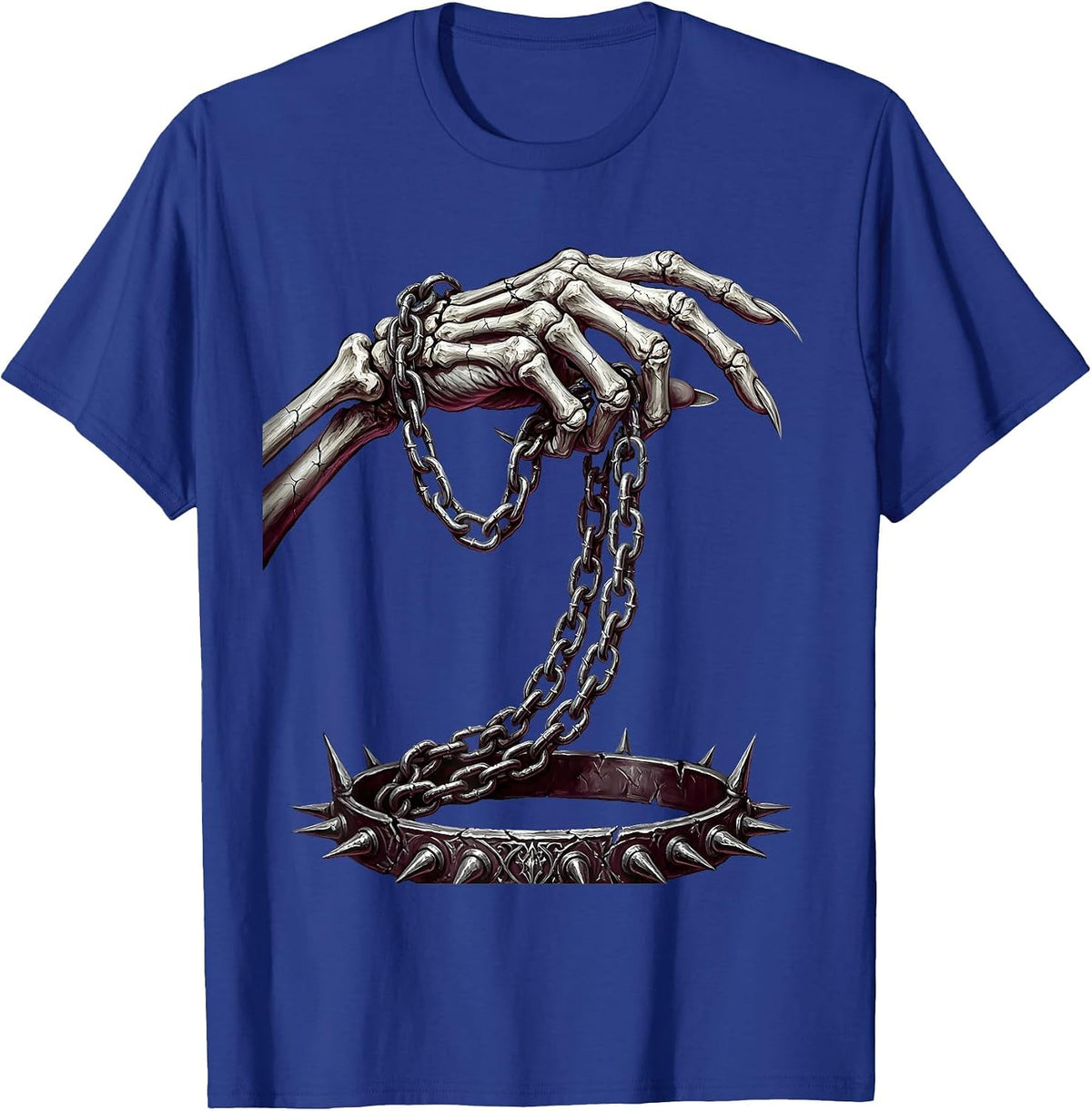 Skeletal Hand Chain Leash Punk Rock Graphic T-Shirt - Royal Blue