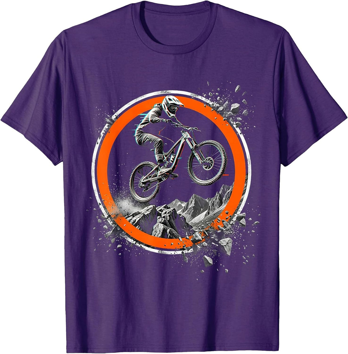 Mountain Biker Airborne Over Rocky Terrain Graphic T-Shirt - Purple