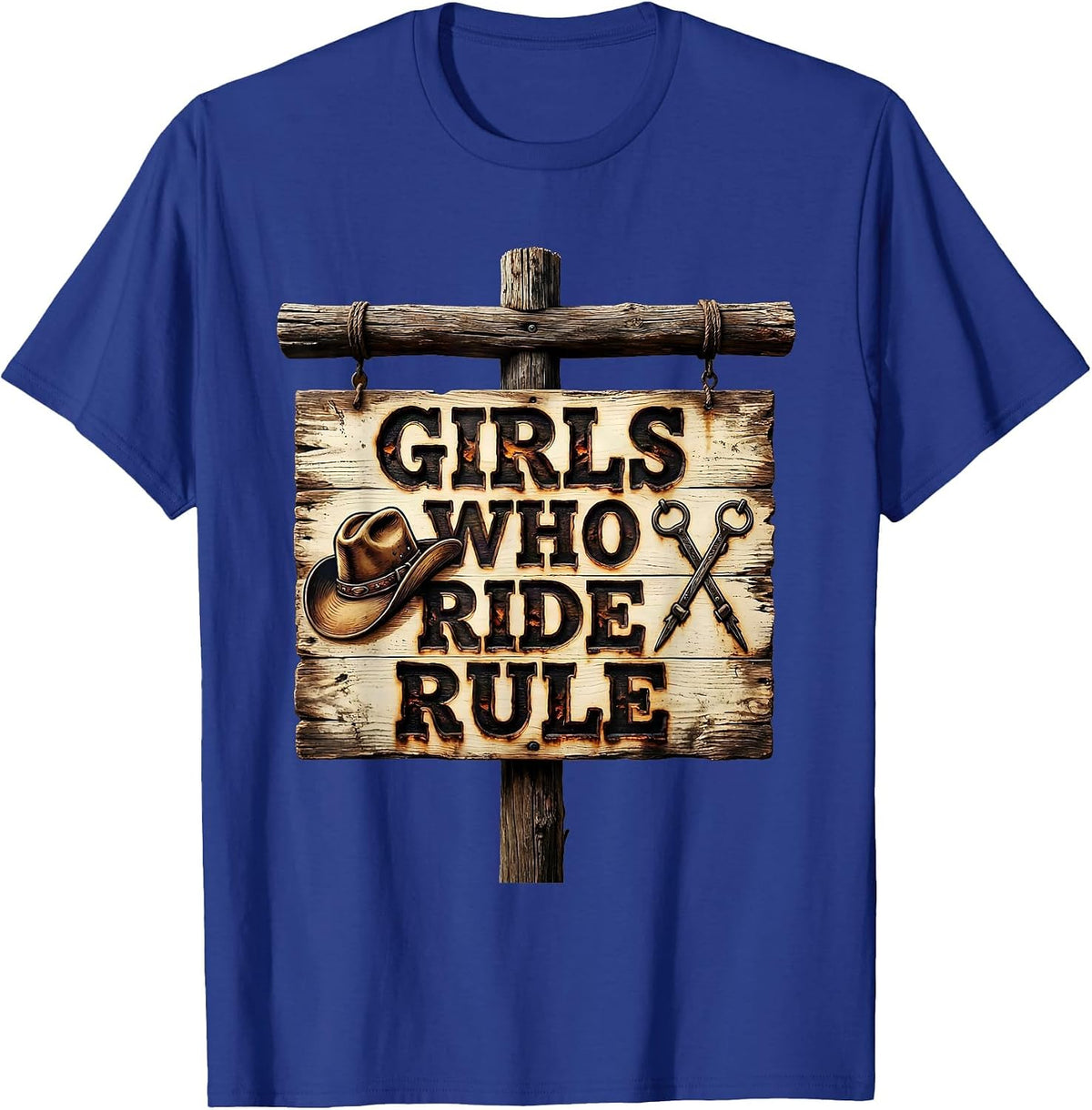 Girls Who Ride Rule Cowgirl Design T-Shirt - Royal Blue