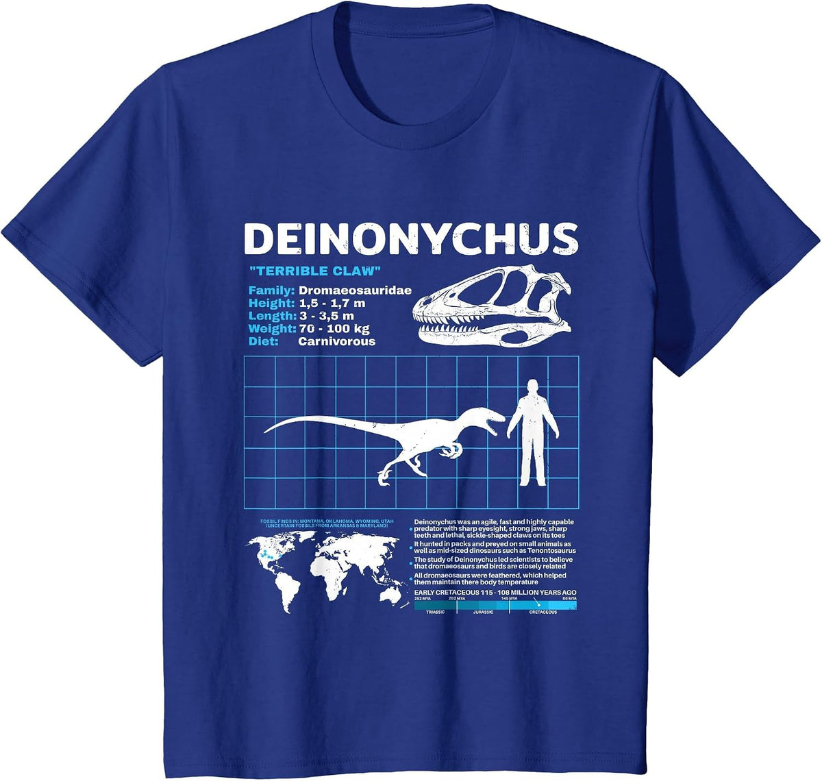 Deinonychus Fact Sheet Skull Fossil T-Shirt - Royal Blue