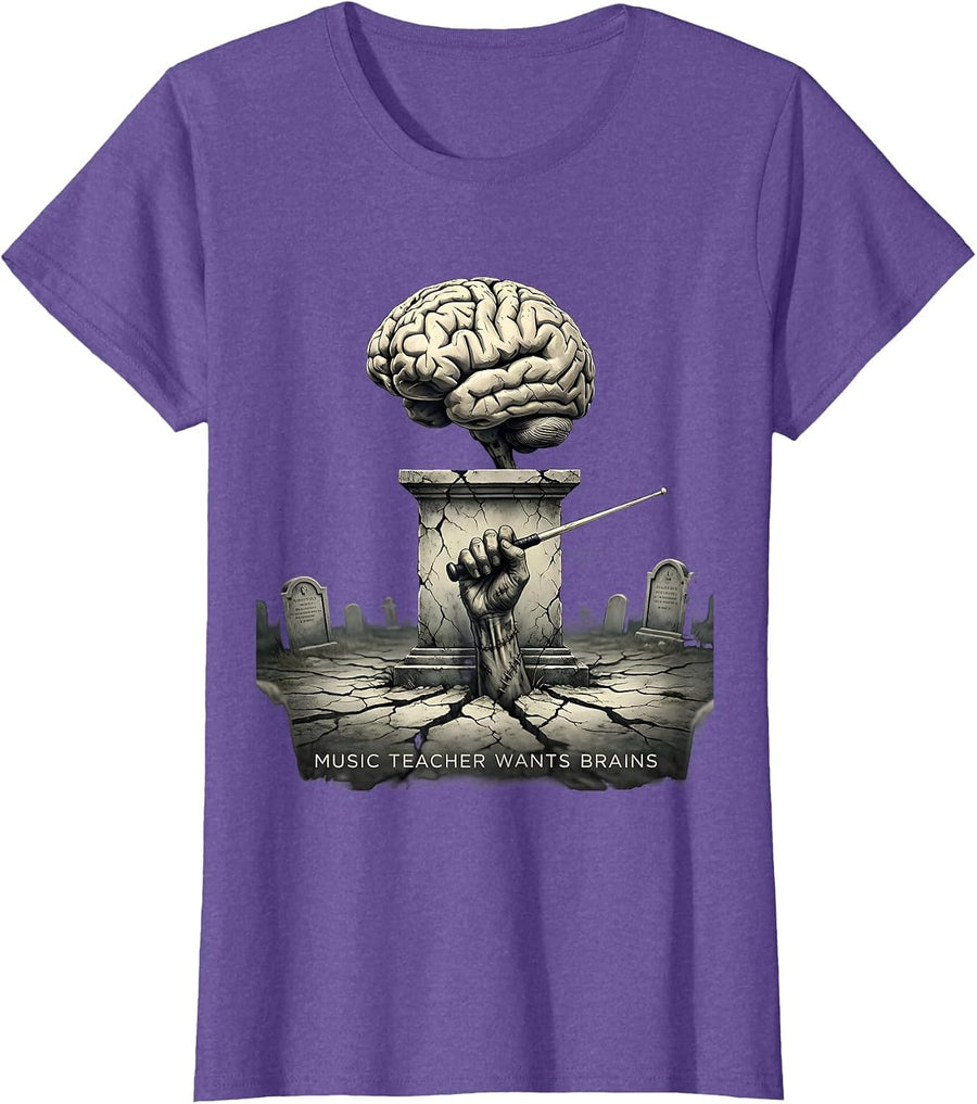 Music Teacher Wants Brains Funny Zombie Halloween Teacher T-Shirt - Purple Heather