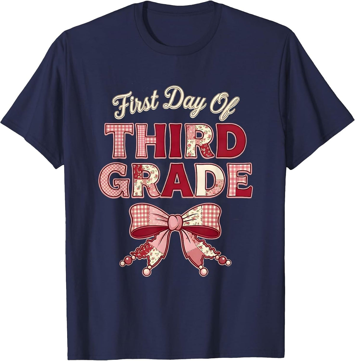 First Day Of Third Grade Coquette Floral Patchwork Back T-Shirt - Navy Blue
